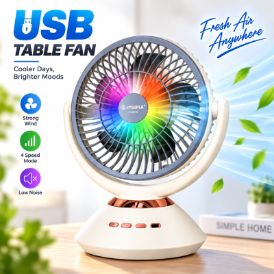 JYSUPER JY-2570 Rechargeable Stand/Table Fan with LED Light – 4 Speed Levels, 100° Auto Oscillation, 115° Tilt, Timer & Solar Panel Charging Support